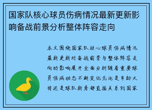 国家队核心球员伤病情况最新更新影响备战前景分析整体阵容走向