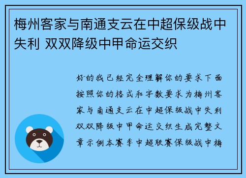 梅州客家与南通支云在中超保级战中失利 双双降级中甲命运交织